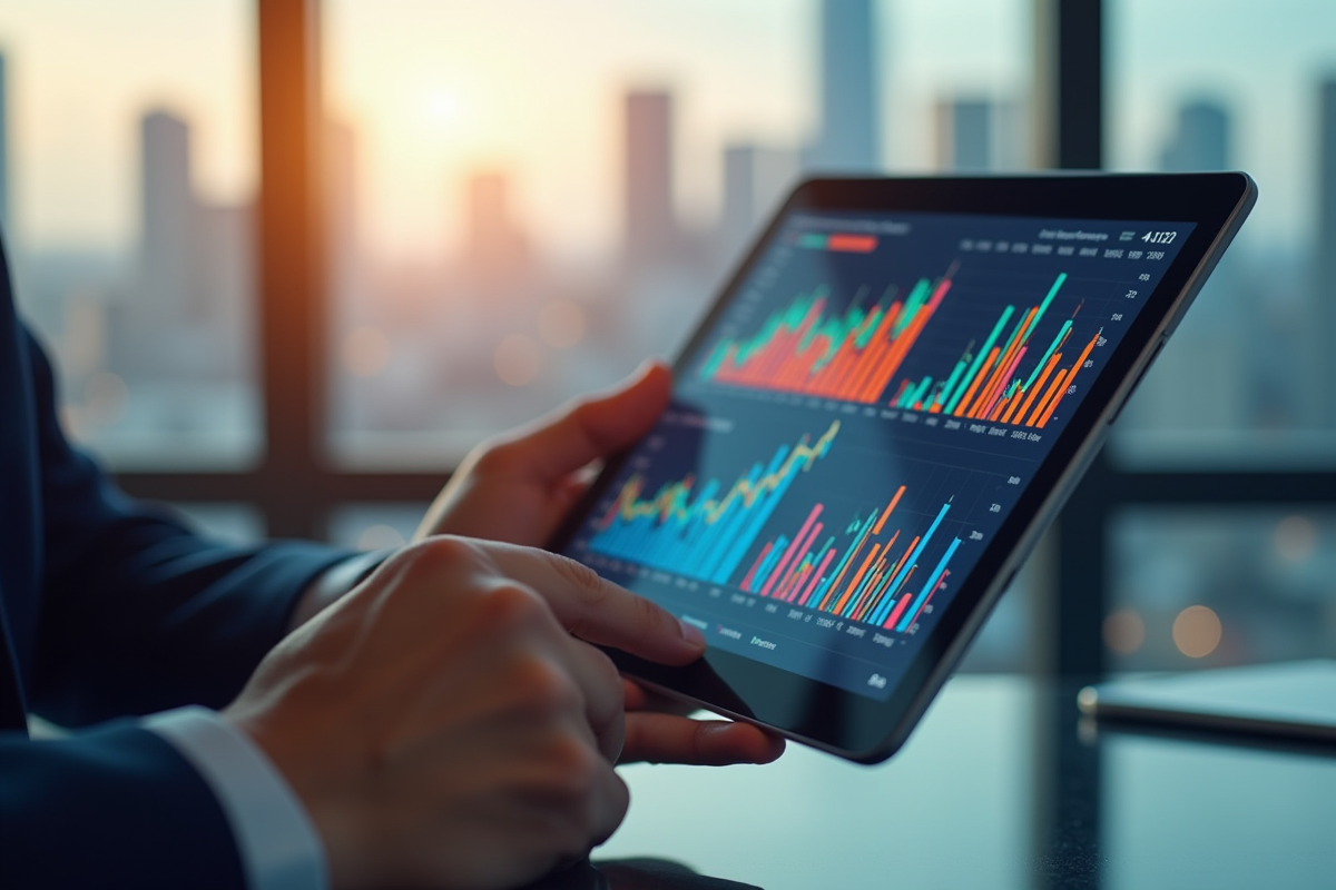 Professionnel analysant graphiques boursiers sur une tablette moderne