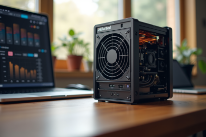 Antminer moderne sur bureau avec écran de gains en USD
