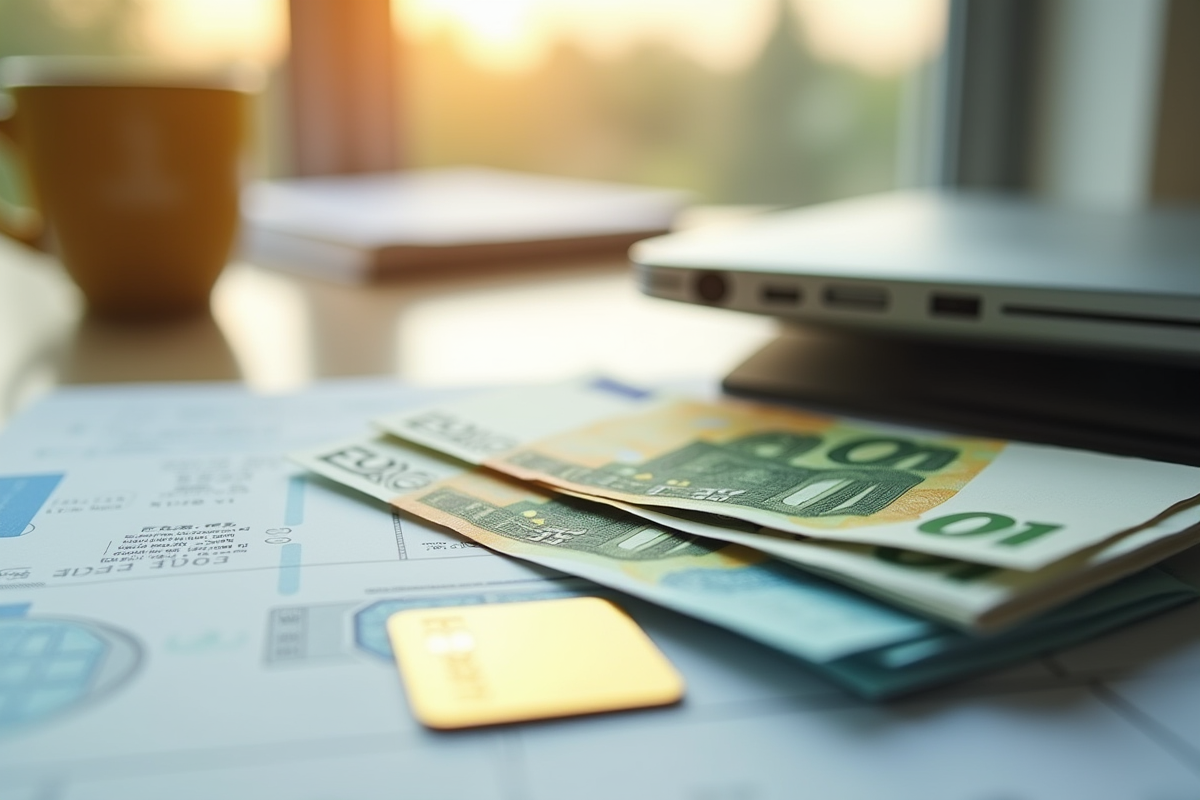 Tas de billets euros avec carte dorée sur bureau ensoleille