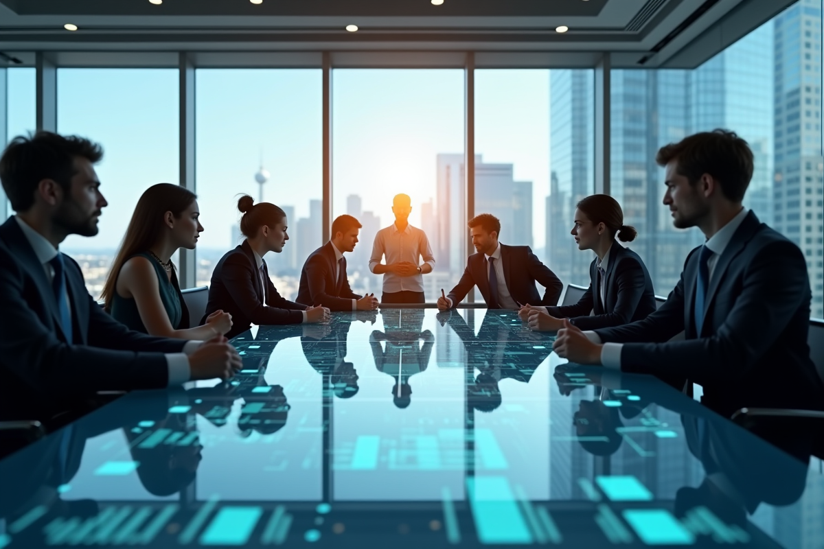 Bureau de banque moderne avec professionnels collaborant