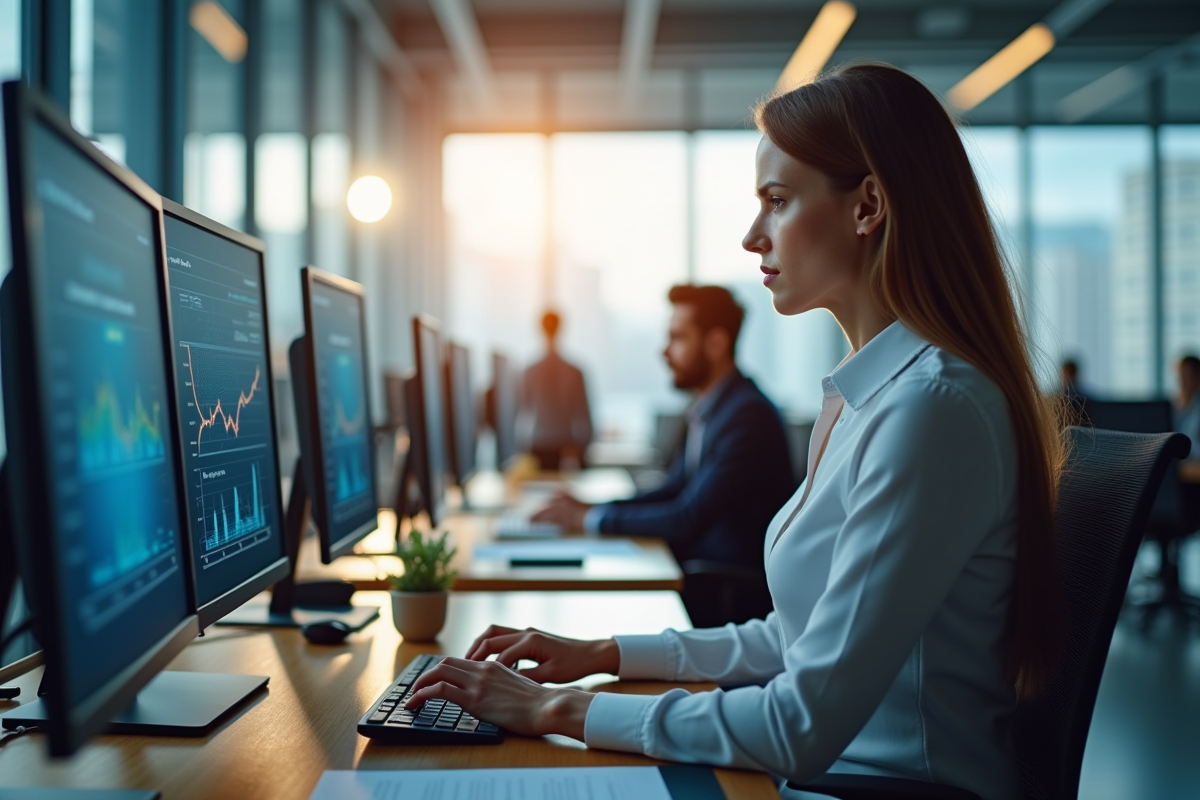 Bureau bancaire moderne avec employes et ecran digital