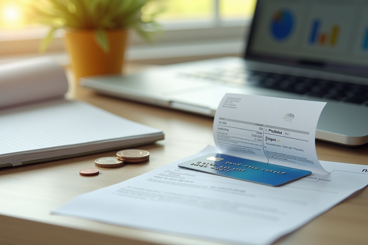 Bureau organisé avec une carte prépayée un reçu de remboursement et un ordinateur affichant un tableau financier