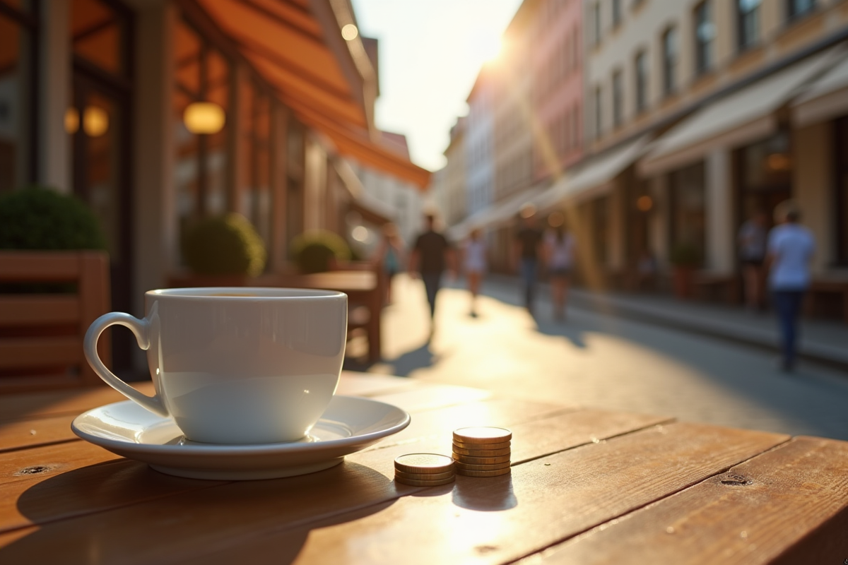Tasse de café avec pièces d euro sur une table en plein jour