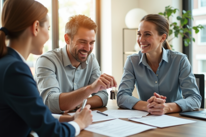 Jeune couple souriant rencontrant un conseiller financier dans un bureau lumineux