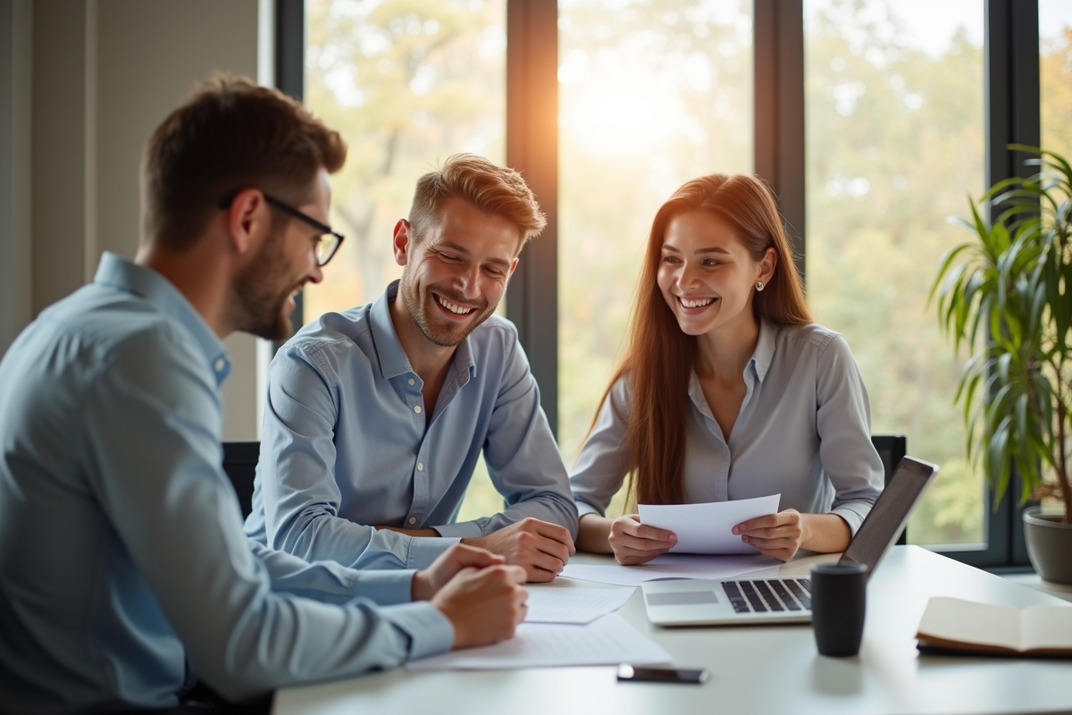 Jeune couple avec conseiller financier souriant à un bureau lumineux