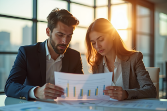 Jeune couple professionnel analysant des documents immobiliers