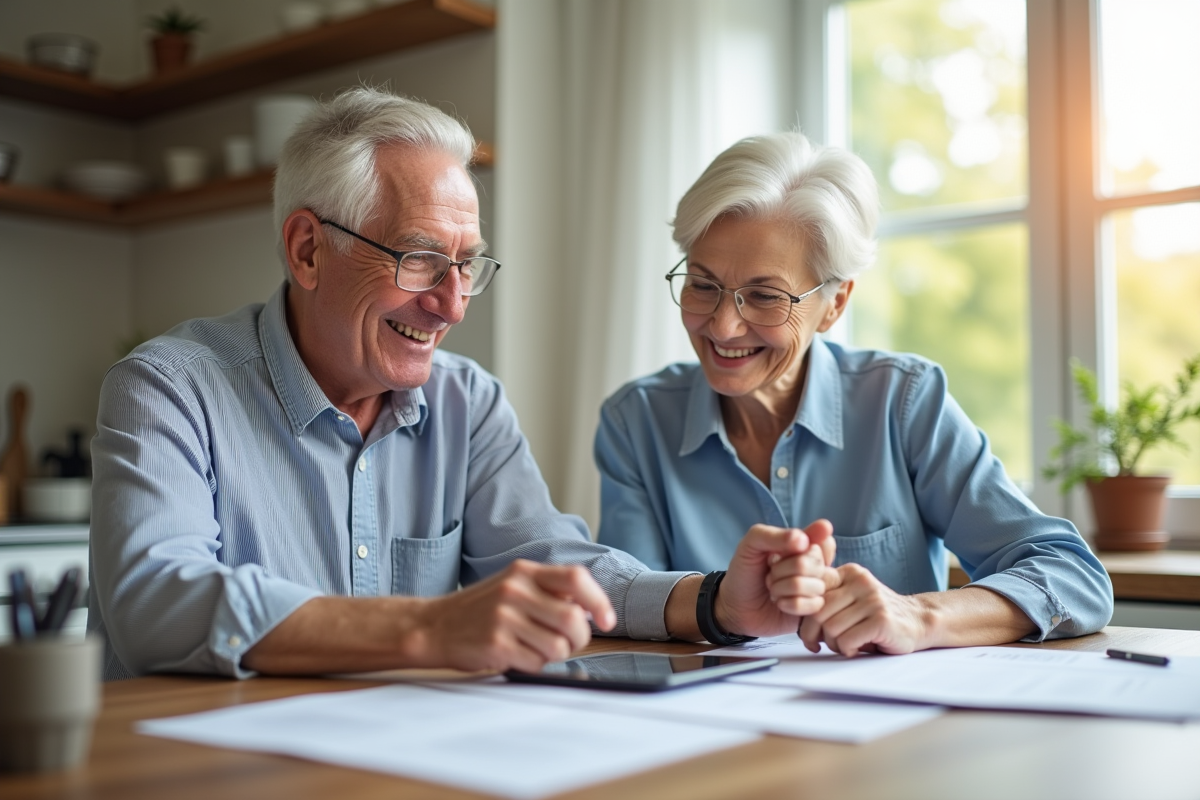 Couple senior souriant examinant des papiers à la maison