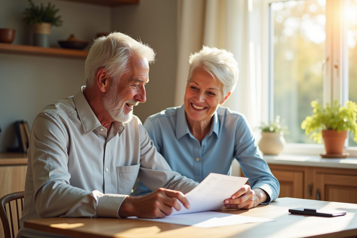 Couple senior souriant avec documents financiers à la maison