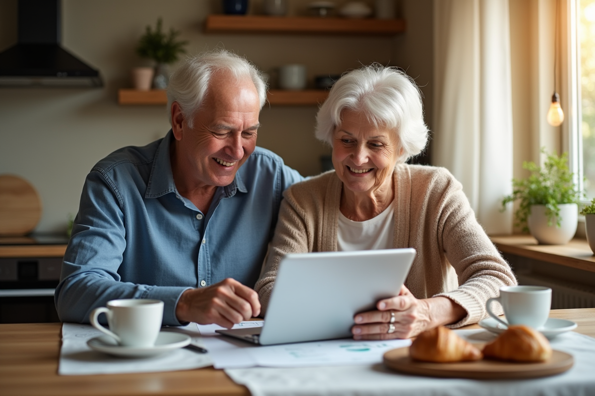 Un couple senior à la maison consulte des papiers et une tablette au petit déjeuner