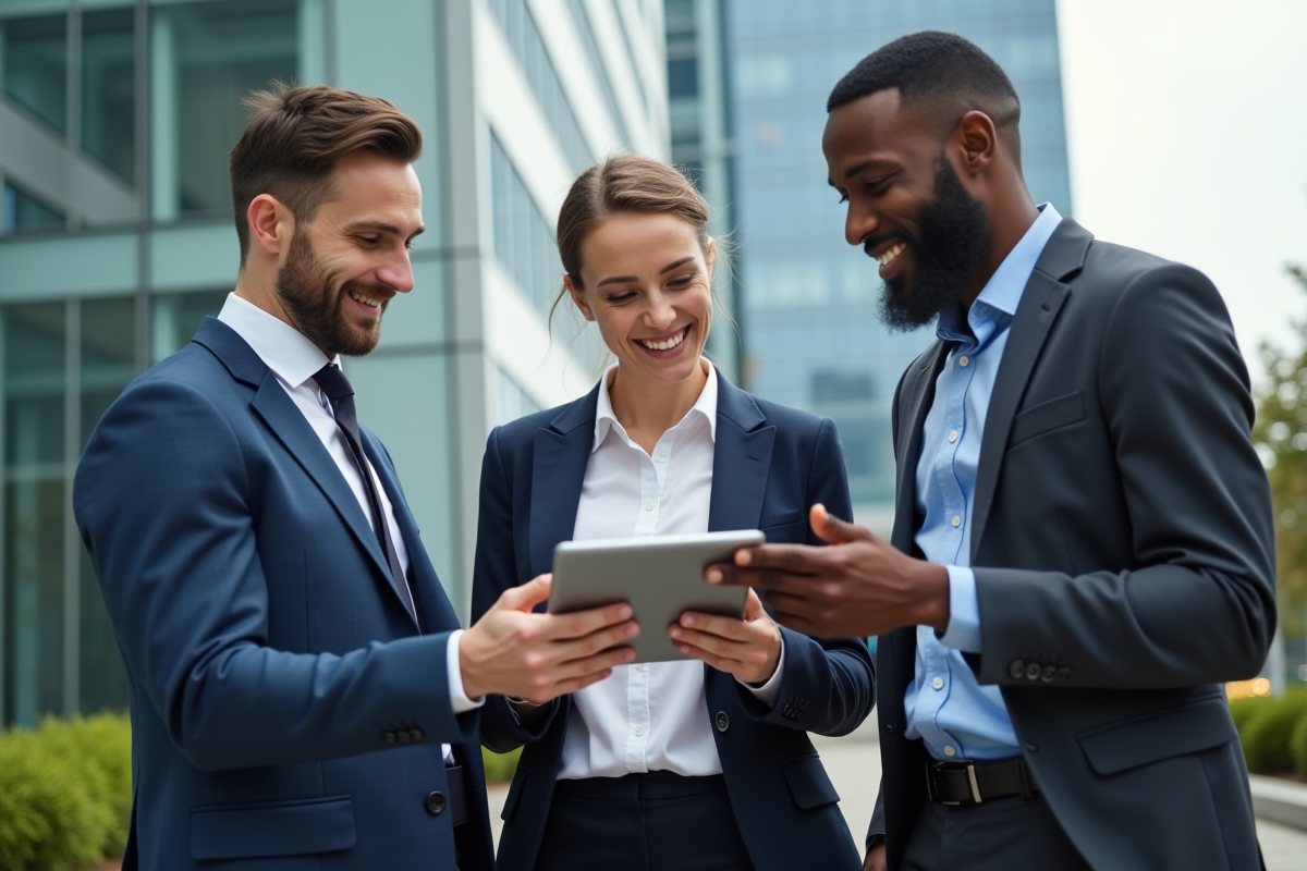 Groupe de professionnels discutant en extérieur devant un bâtiment