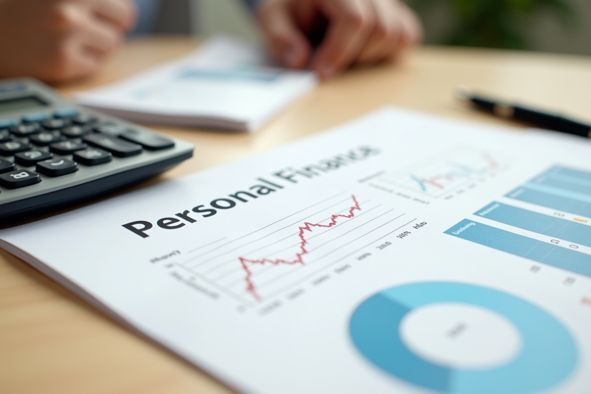 Documents financiers organisés avec calculatrice et graphiques