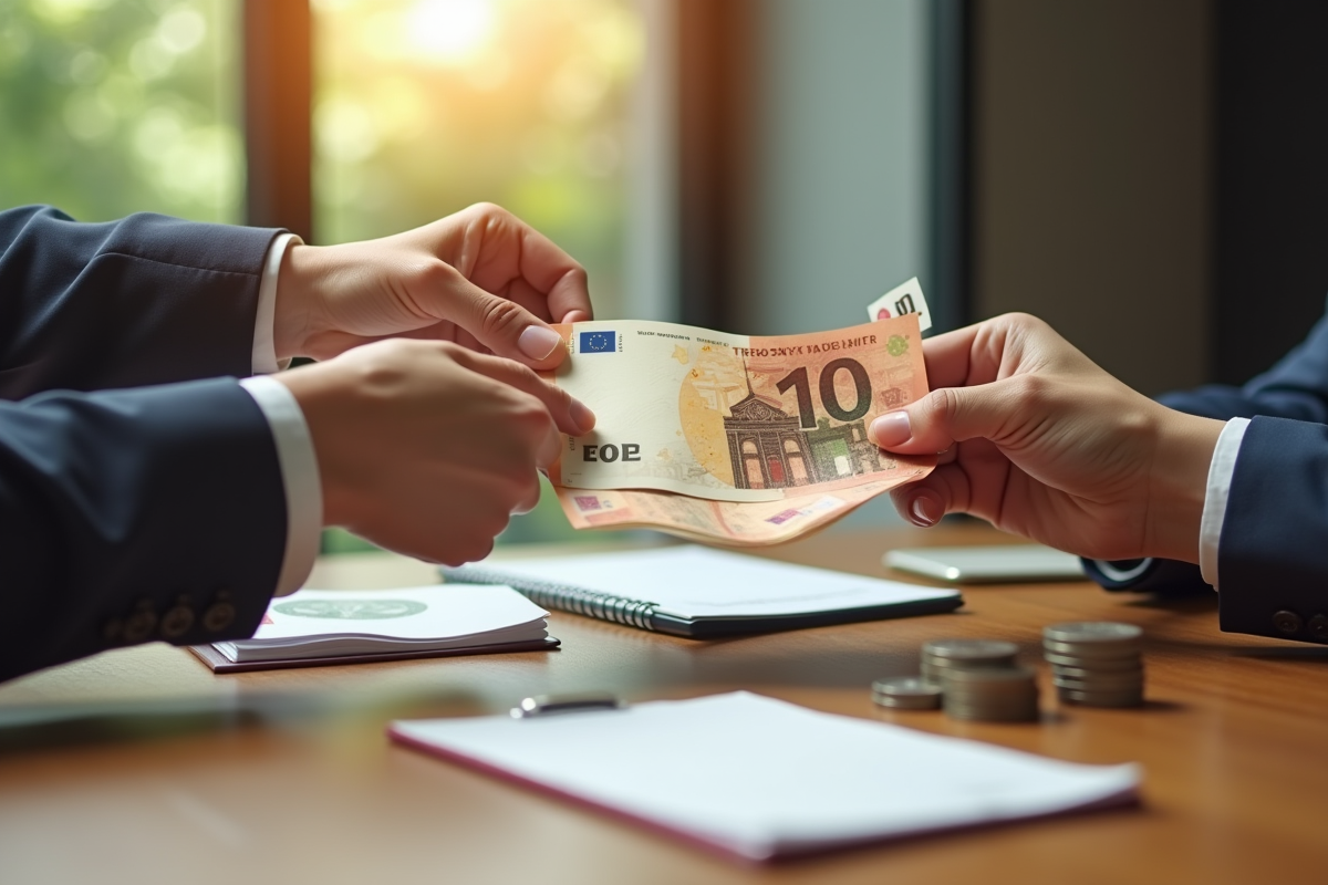 Gros plan sur échange de billets euros sur une table en bois