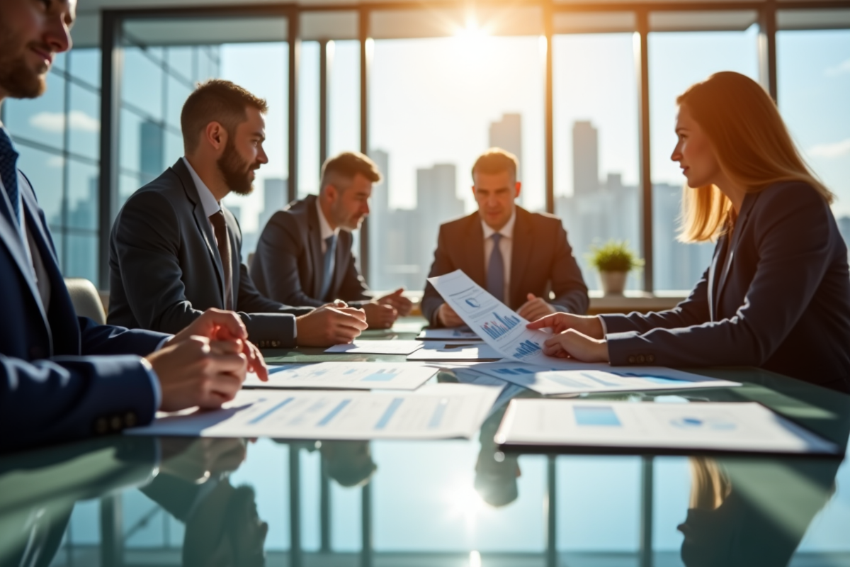 Groupe de professionnels en réunion dans un bureau lumineux analysant des graphiques financiers