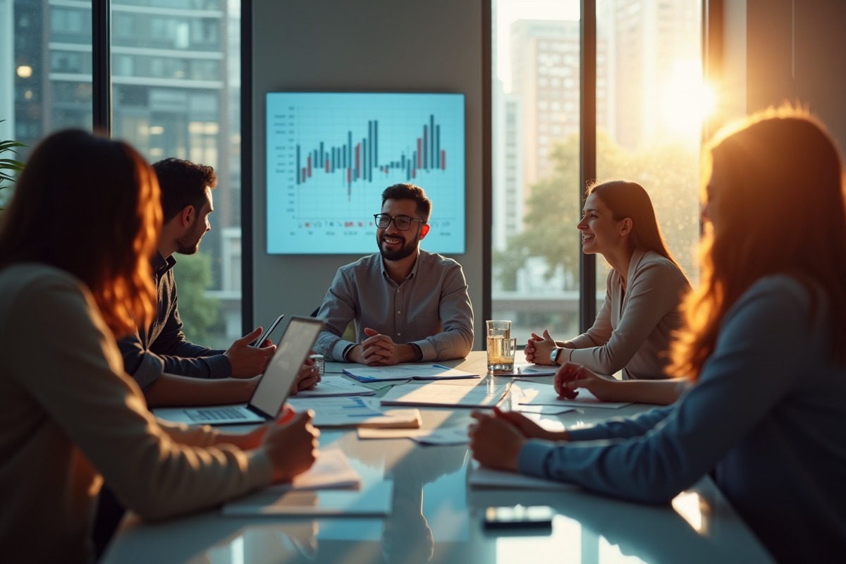 Groupe de jeunes professionnels en brainstorming dans un bureau fintech