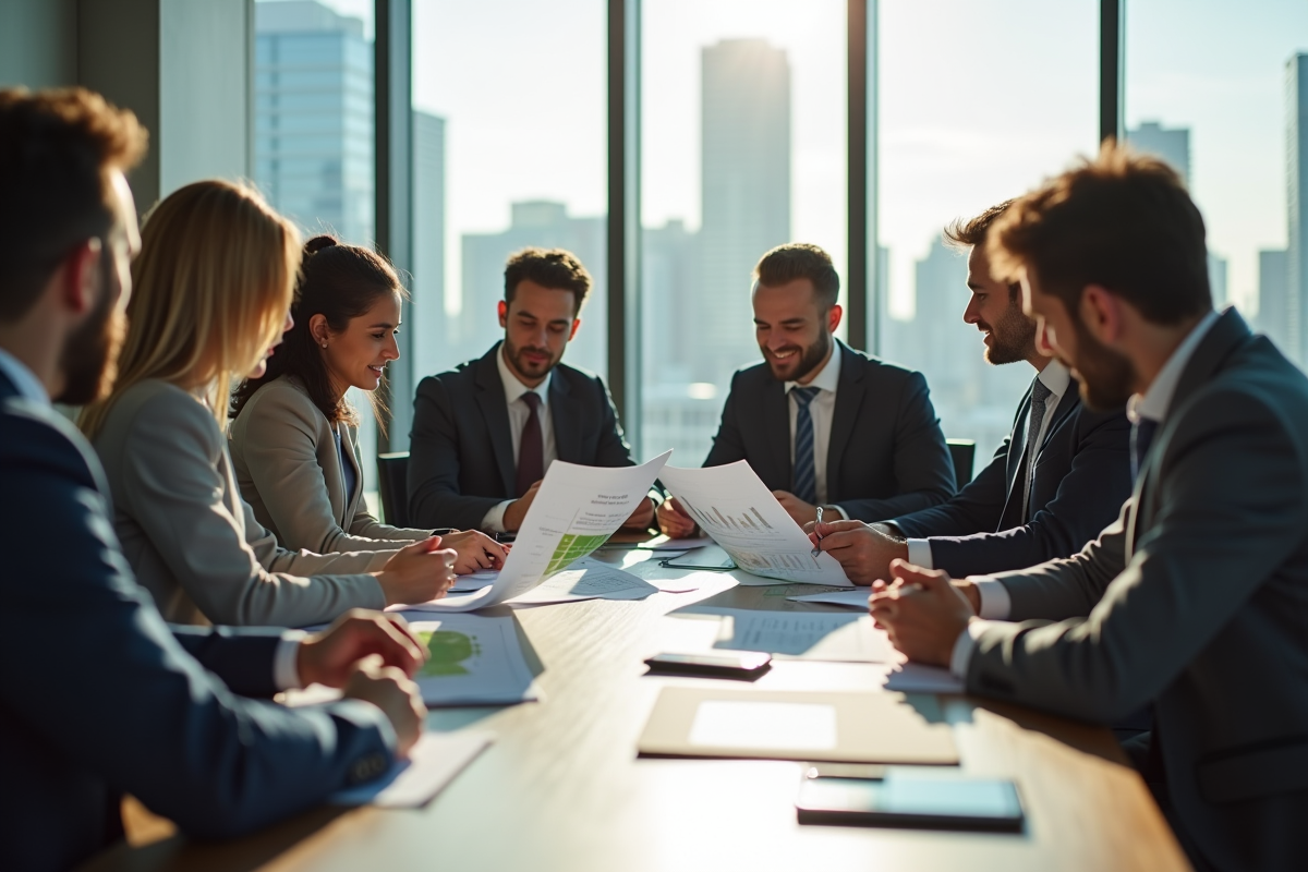 Groupe d'équipe d'entreprise analysant des rapports d'empreinte carbone