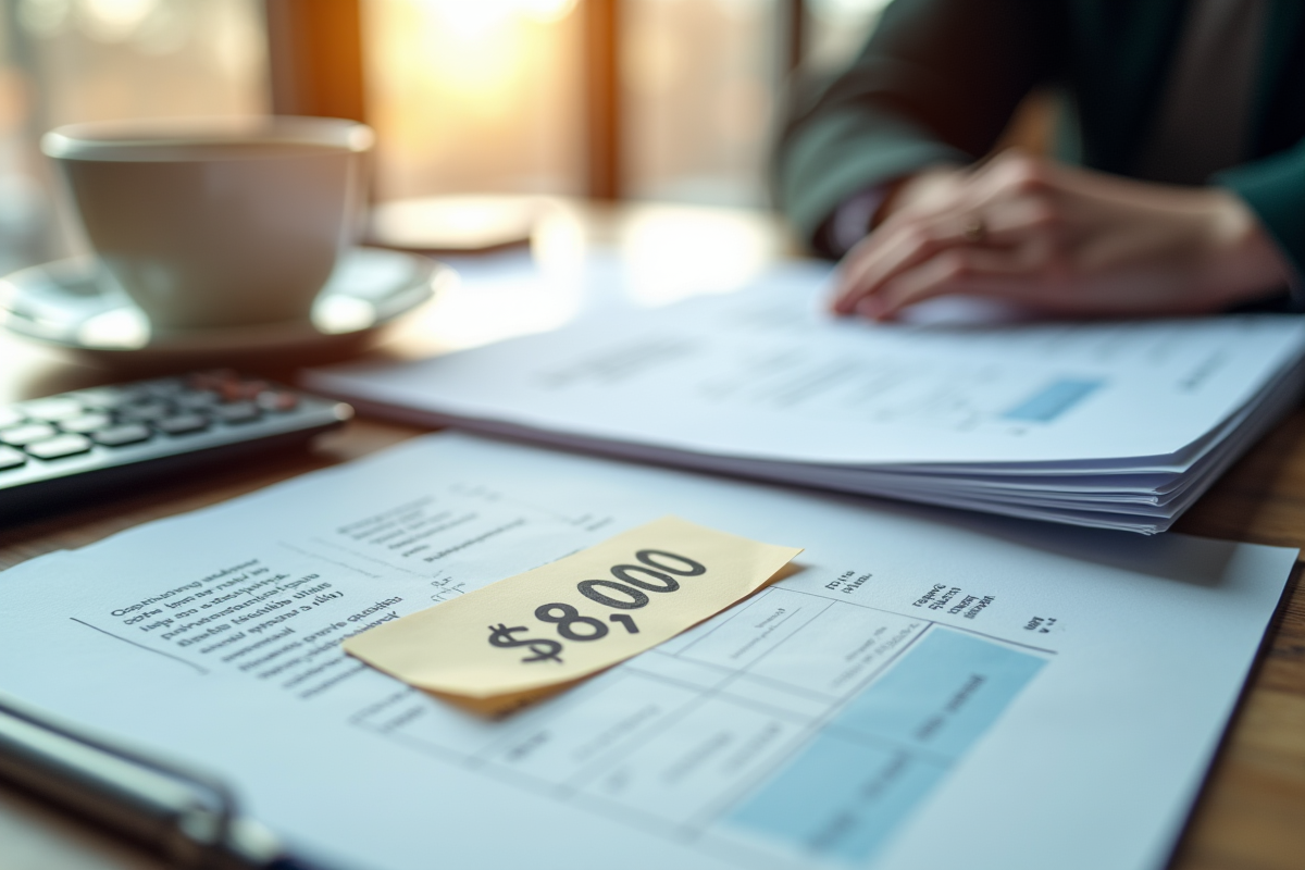 Espace de travail bien éclairé avec documents financiers et calculatrice