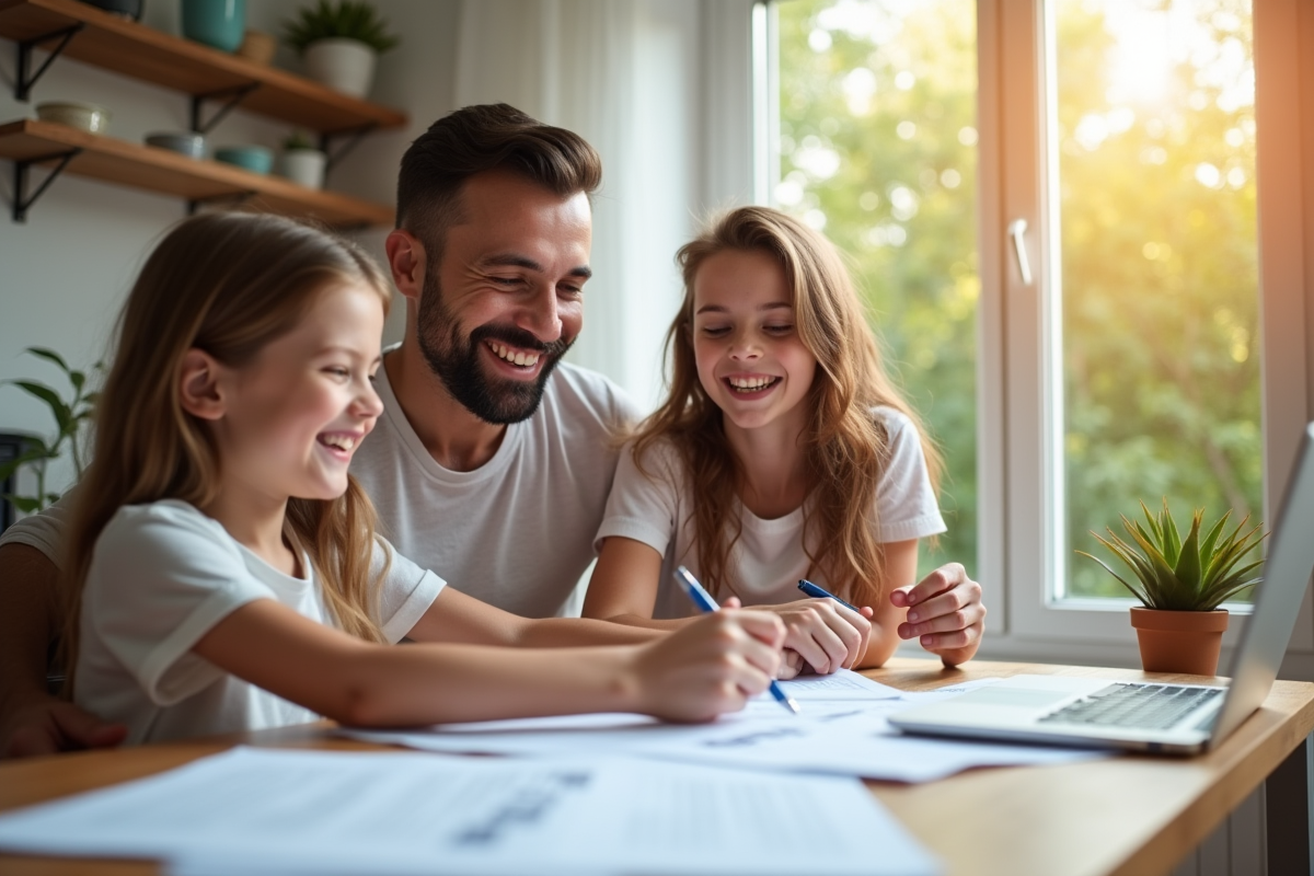 Famille heureuse examinant des factures à la maison