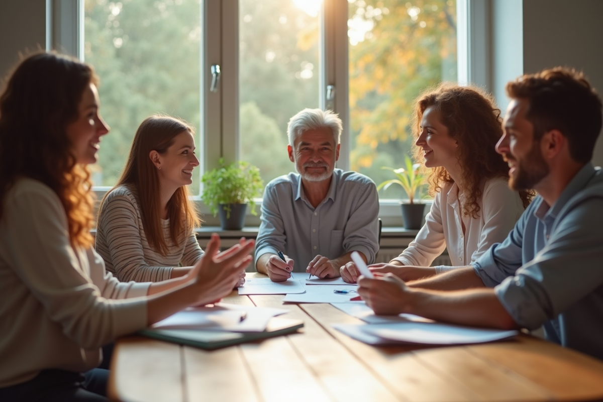 Famille diverse discutant de documents avec un conseiller dans un salon lumineux