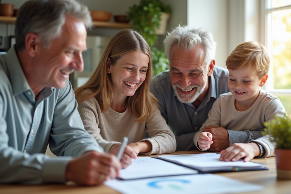 Famille souriante réunie autour d'une table pour discuter finances
