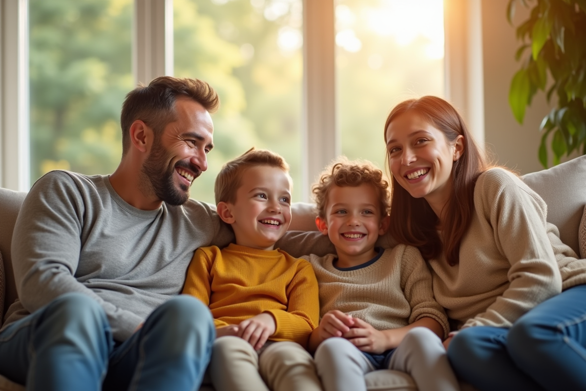 Famille multigenerationale souriante dans le salon lumineux