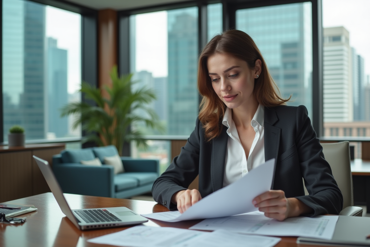 Femme d'affaires analysant un document financier dans un bureau moderne