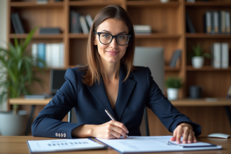 Femme d'affaires en costume lisant un document PTIA