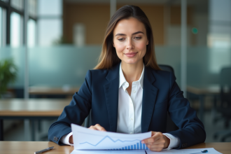 Femme d'affaires en costume bleu examine un rapport financier