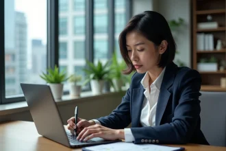 Femme en bureau analysant des graphiques boursiers