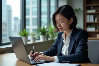 Femme en bureau analysant des graphiques boursiers