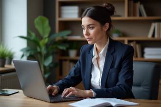 Femme professionnelle analysant des graphiques ETF dans son bureau