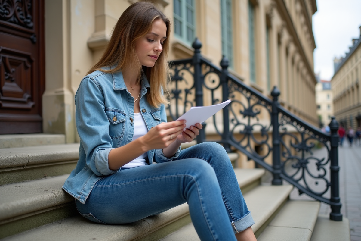 Jeune femme assise sur des marches en regardant une enveloppe en France