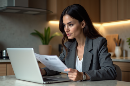 Femme au bureau regardant un document bancaire sur son ordinateur
