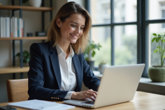 Femme souriante travaillant dans un bureau lumineux