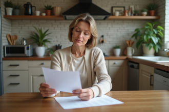 Femme d'&acirc;ge moyen dans une cuisine moderne lisant des documents