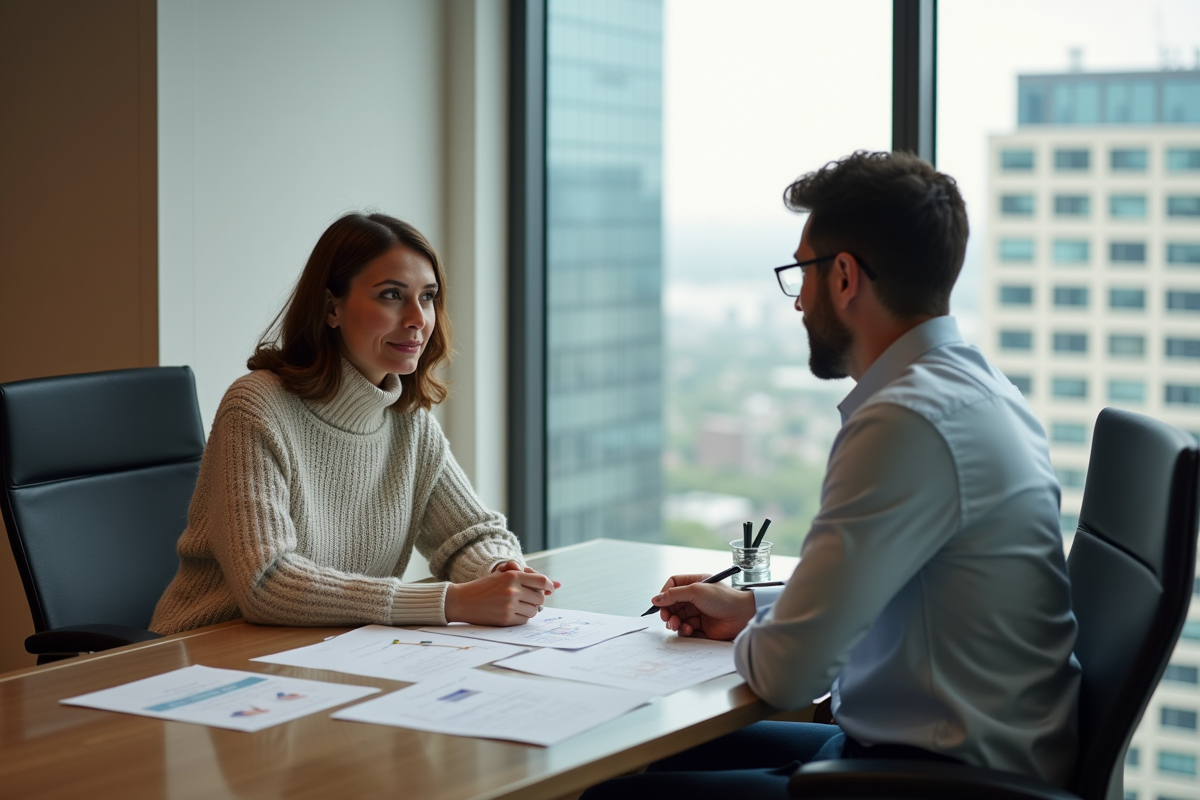 Femme en discussion avec un conseiller fiscal dans un bureau élégant