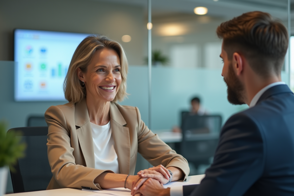 Femme d affaires rencontre conseiller bancaire souriant