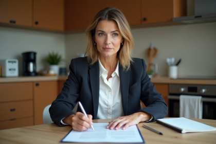 Femme d'affaires en réunion à la maison avec contrat