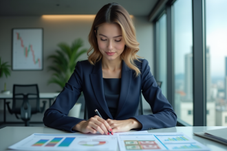 Femme d affaires en costume bleu analysant des graphiques financiers