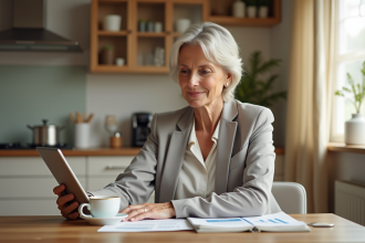 Femme d'âge moyen examinant documents financiers dans la cuisine