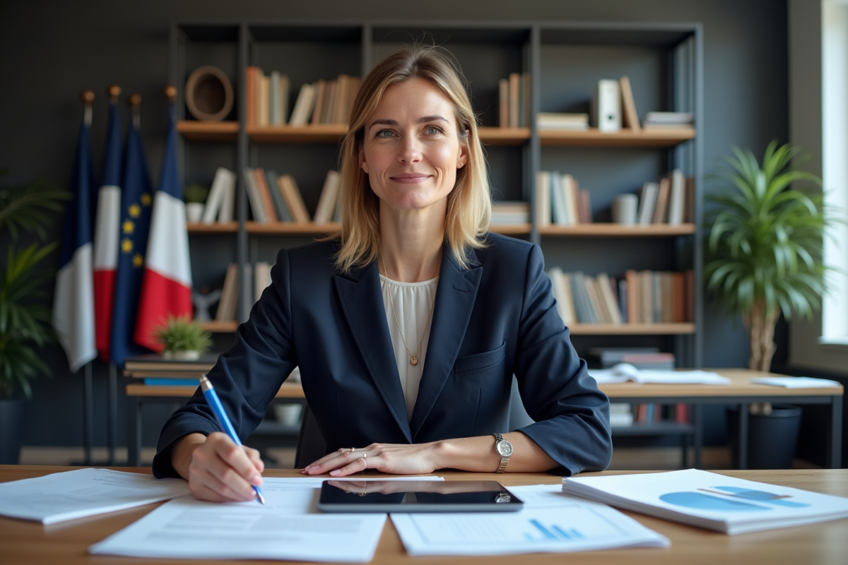 Femme fonctionnaire examinant des formulaires dans un bureau