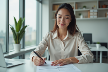 Femme en bureau remplissant un formulaire d'assurance