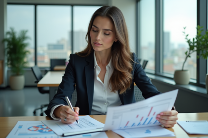 Femme d affaires en bureau étudiant des documents immobiliers