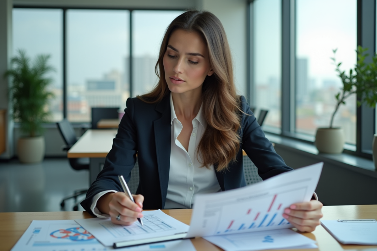 Femme d affaires en bureau étudiant des documents immobiliers