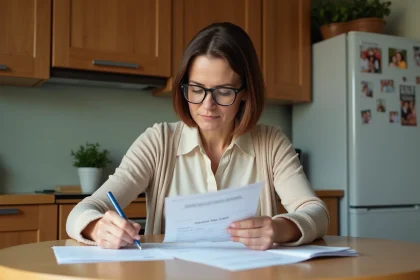 Femme d'âge moyen lisant un document d'assurance à la maison