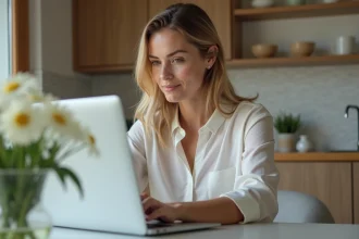 Femme en int&eacute;rieur effectuant un transfert d'argent en ligne