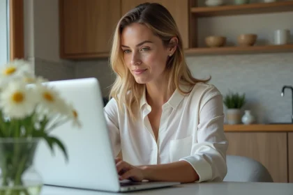 Femme en intérieur effectuant un transfert d'argent en ligne