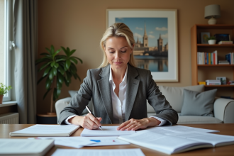 Femme française organisée avec papiers retraite dans un salon lumineux