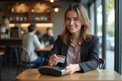 Jeune femme souriante utilisant une carte contactless au café