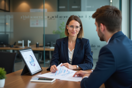 Femme en blazer expliquant un graphique en r&eacute;union