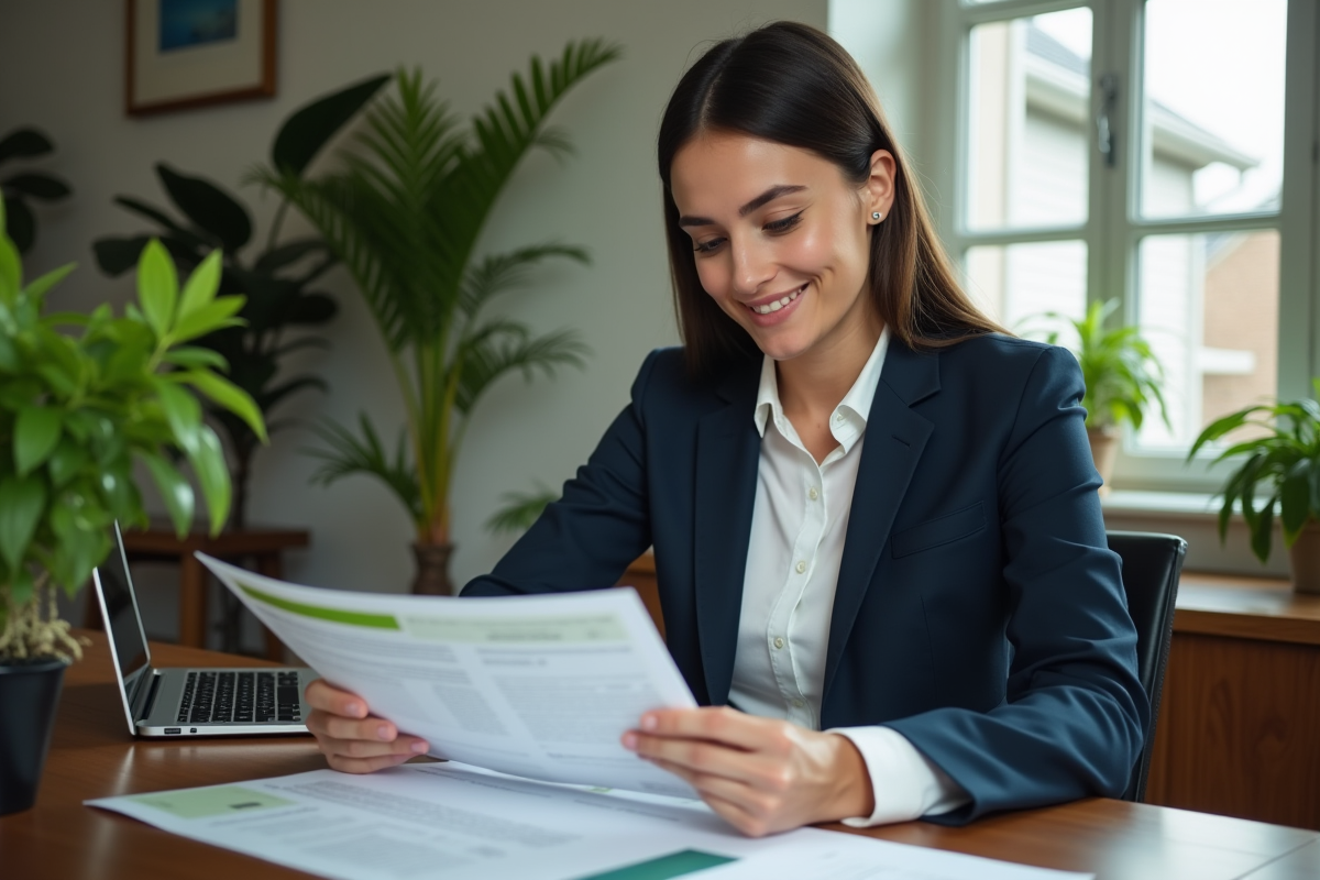 Jeune femme en bureau à domicile avec documents et ordinateur